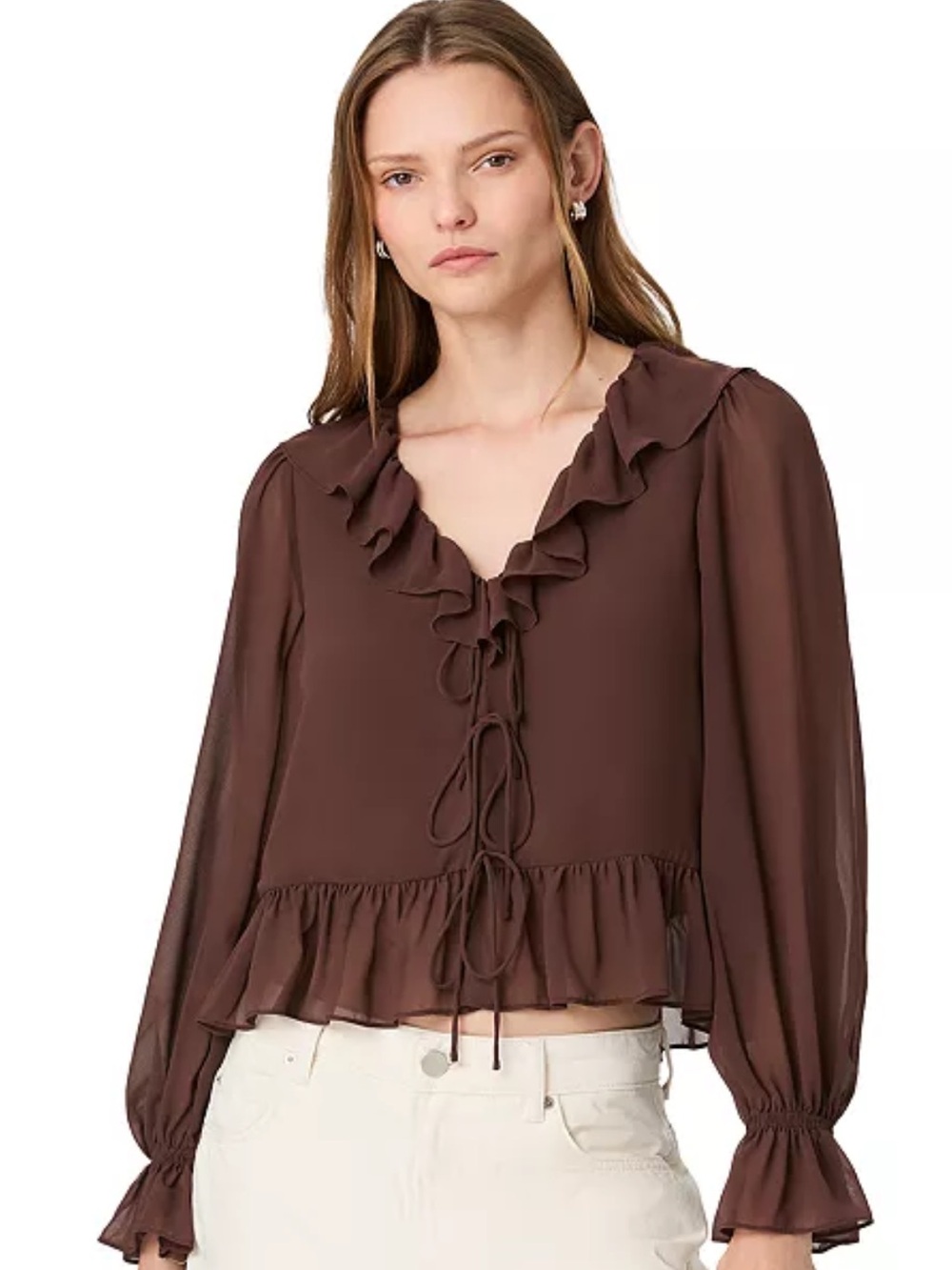 🎀 🐻 French Connection Brown Ruffle Blouse with Bows